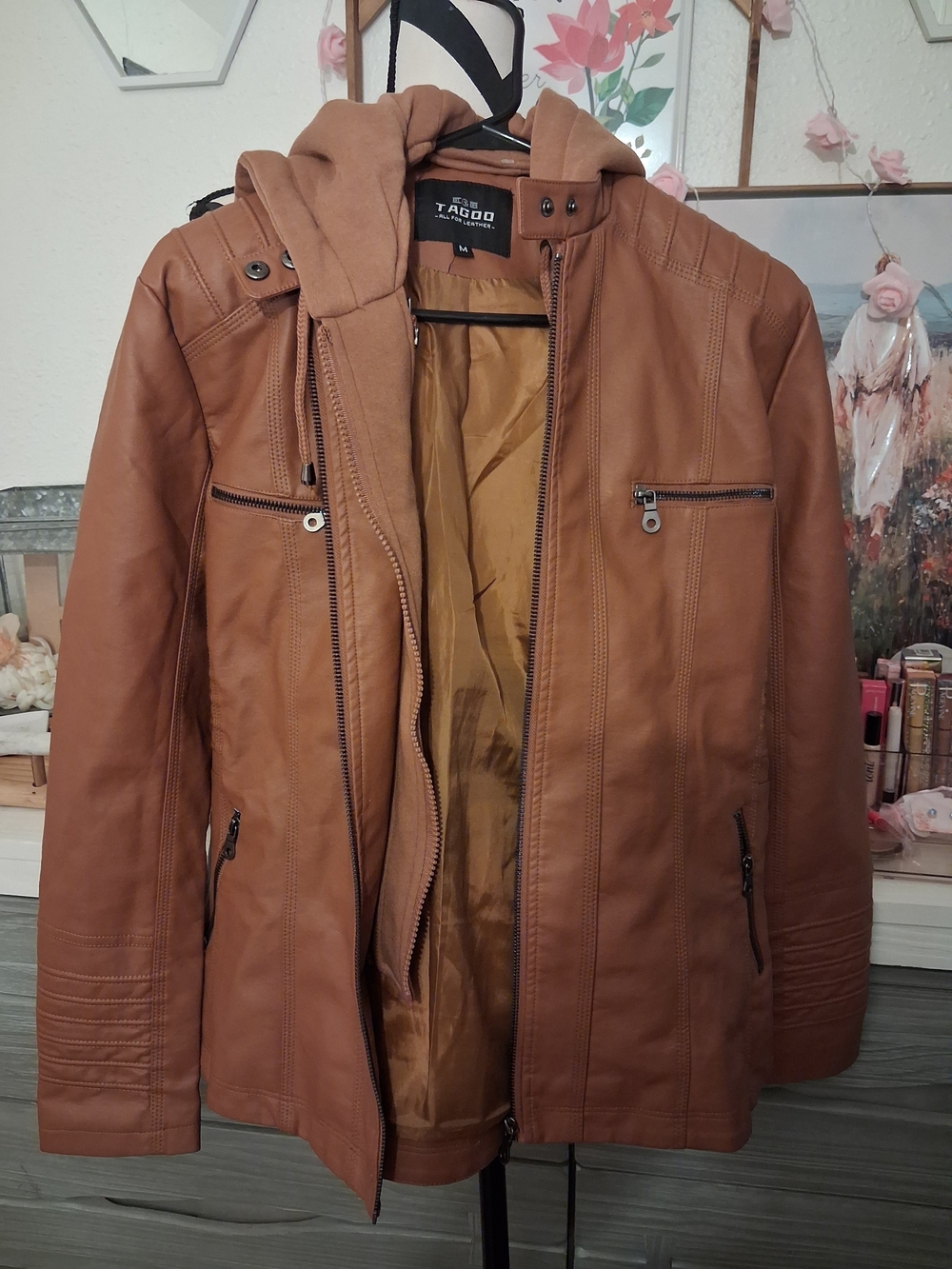 Tagoo Brown Faux Leather Moto Jacket with Removable Hood - Size M